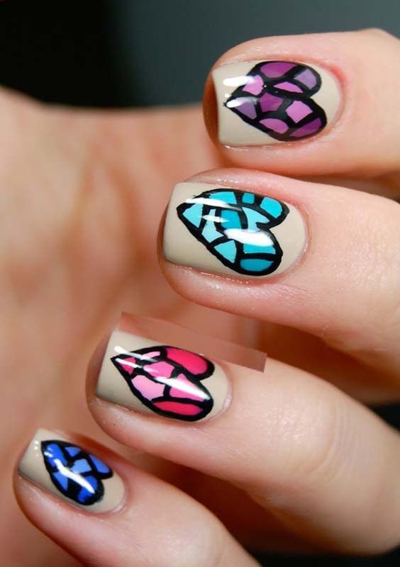 Colored Hearts Nail Arts Designs