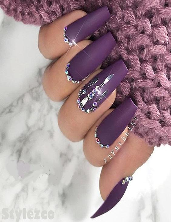 Matte Purple Nail Art Style with Crystals for Stylish Girls In 2018-2019