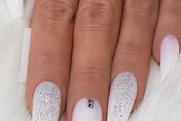 White Glitter & Crystals on long Coffin Nails for 2019