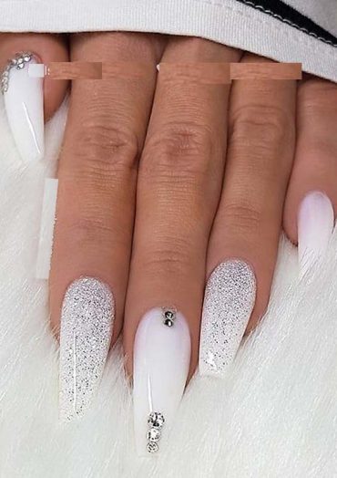 White Glitter & Crystals on long Coffin Nails for 2019